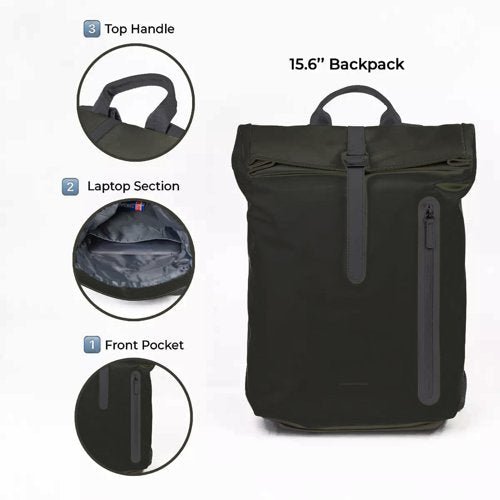 Roll-Top Weatherproof School Laptop Backpack 13.5L Office Bag Durable Rucksack