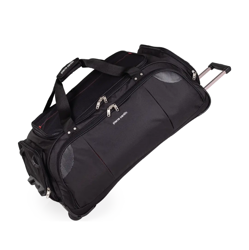 Black rolling duffel bag on a white background