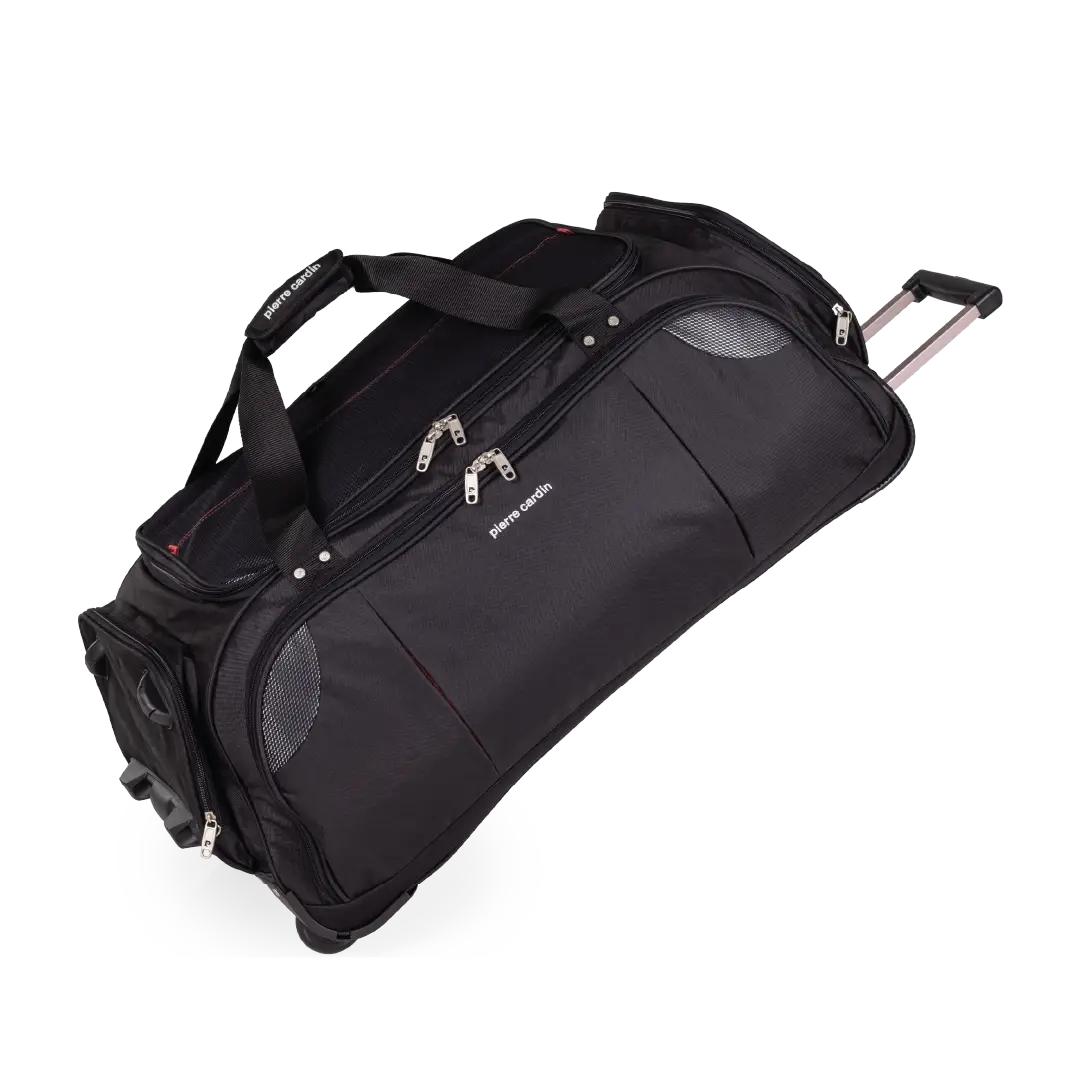 Black rolling duffel bag on a white background