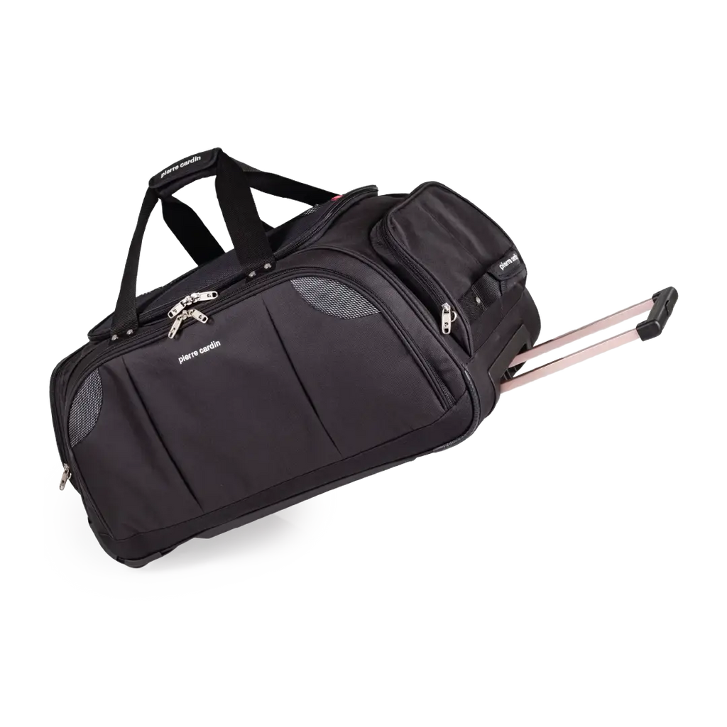 Black rolling suitcase on a white background