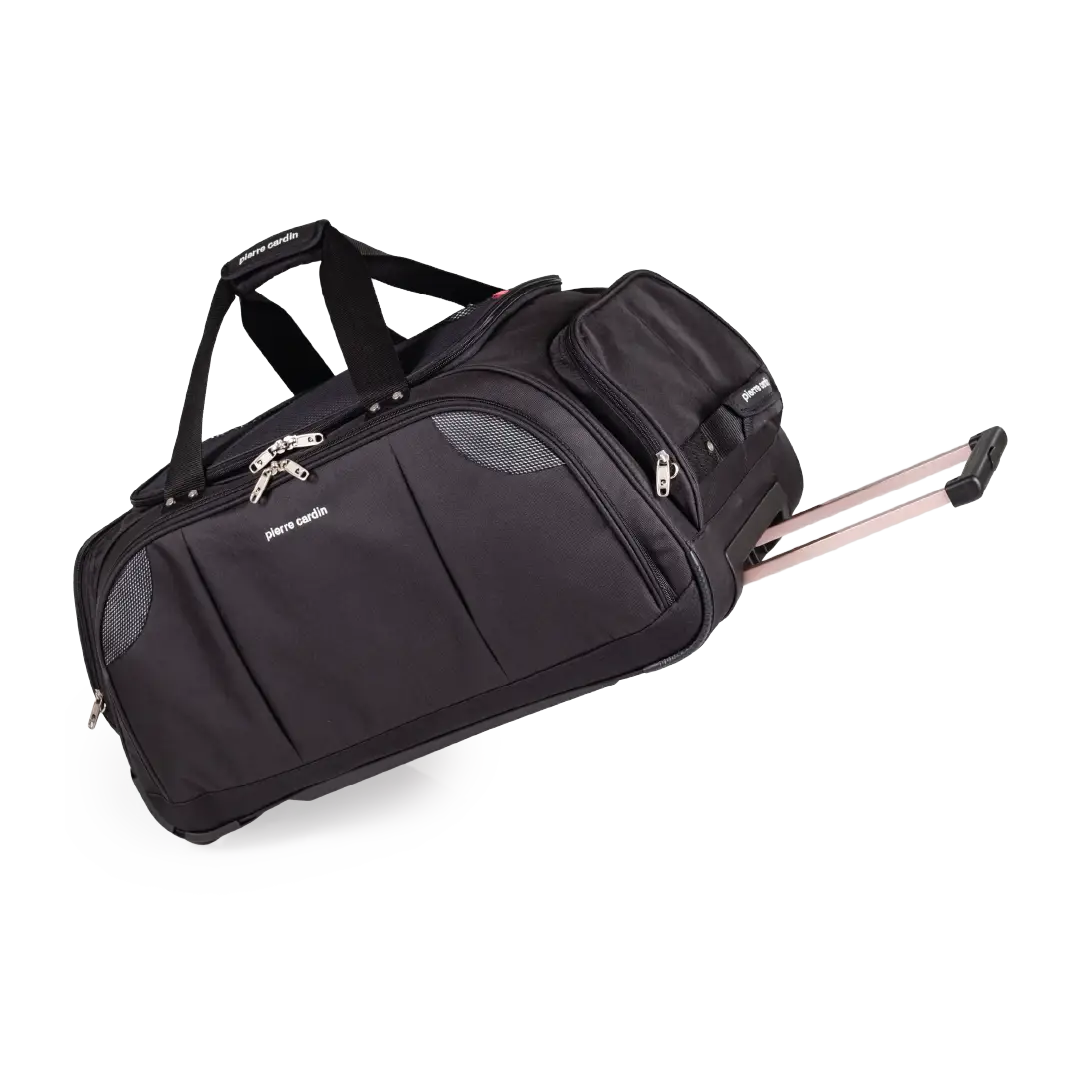 Black rolling suitcase on a white background