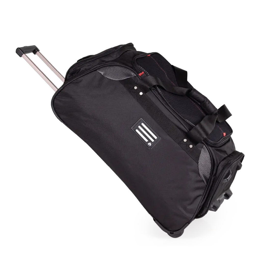 Black rolling duffel bag on a white background