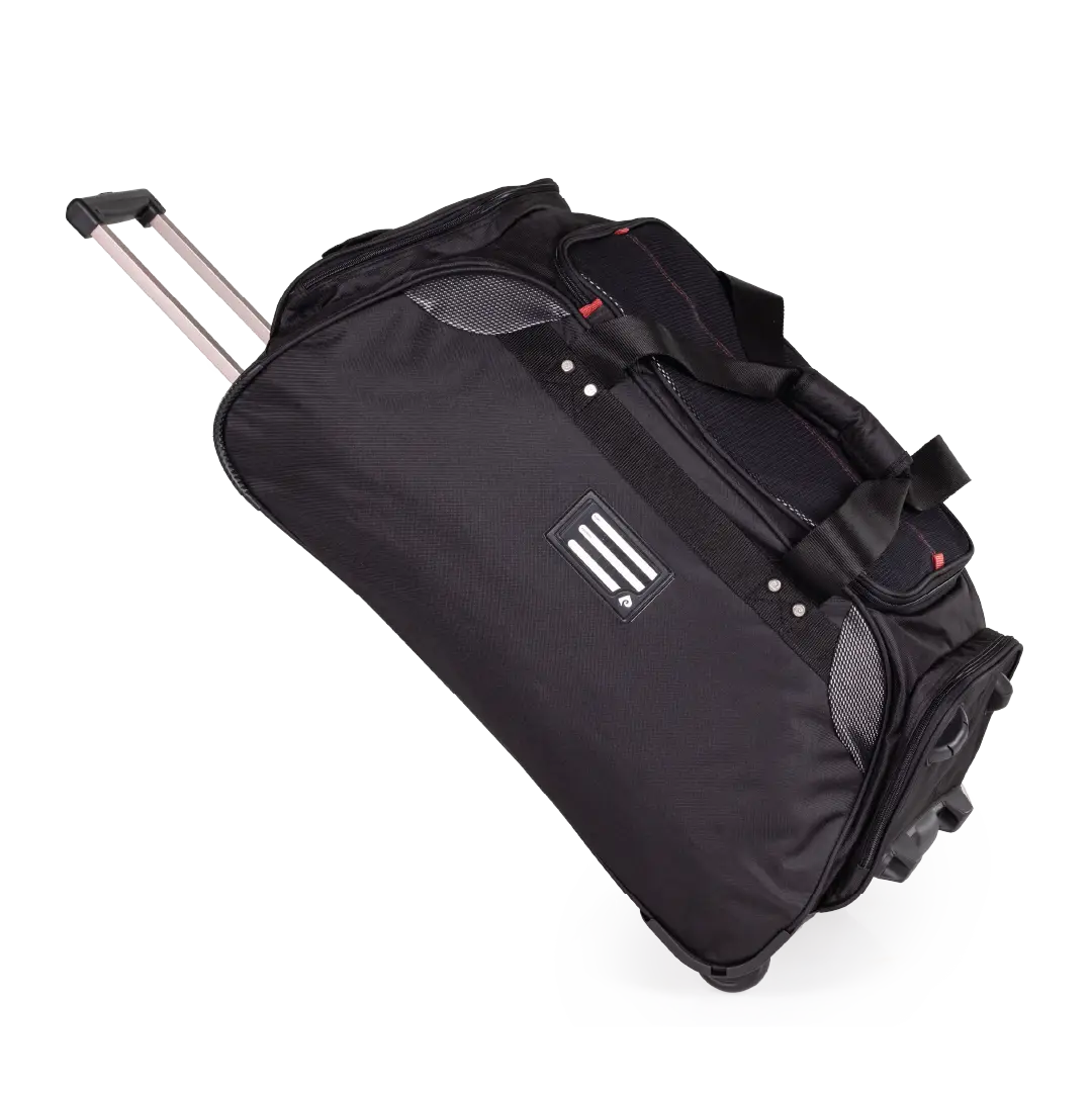 Black rolling duffel bag on a white background