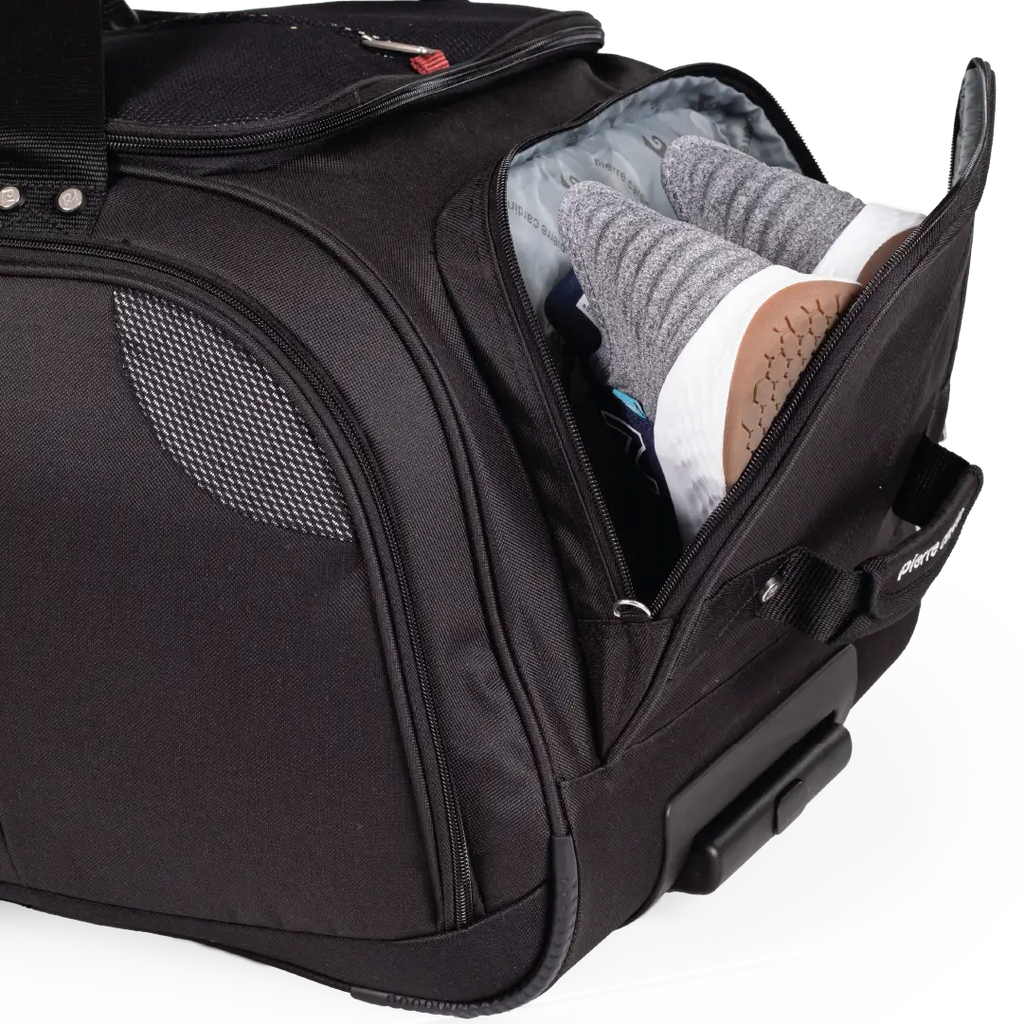 Black suitcase with a shoe inside on a white background