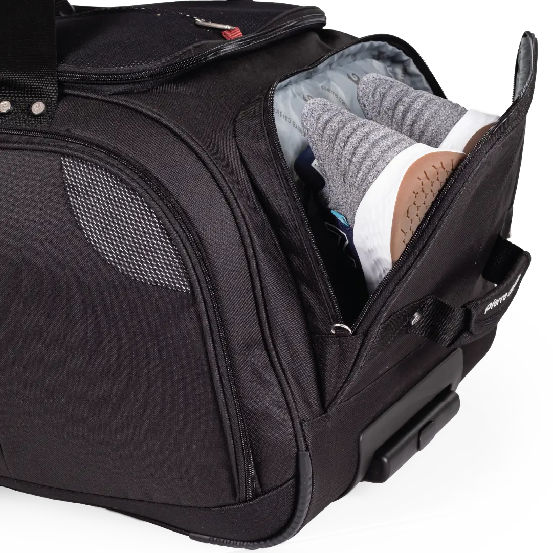 Black suitcase with a shoe inside on a white background