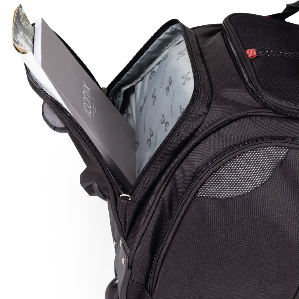 Black backpack with a compartment open, revealing a branded interior lining.