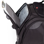 Black backpack with a compartment open, revealing a branded interior lining.