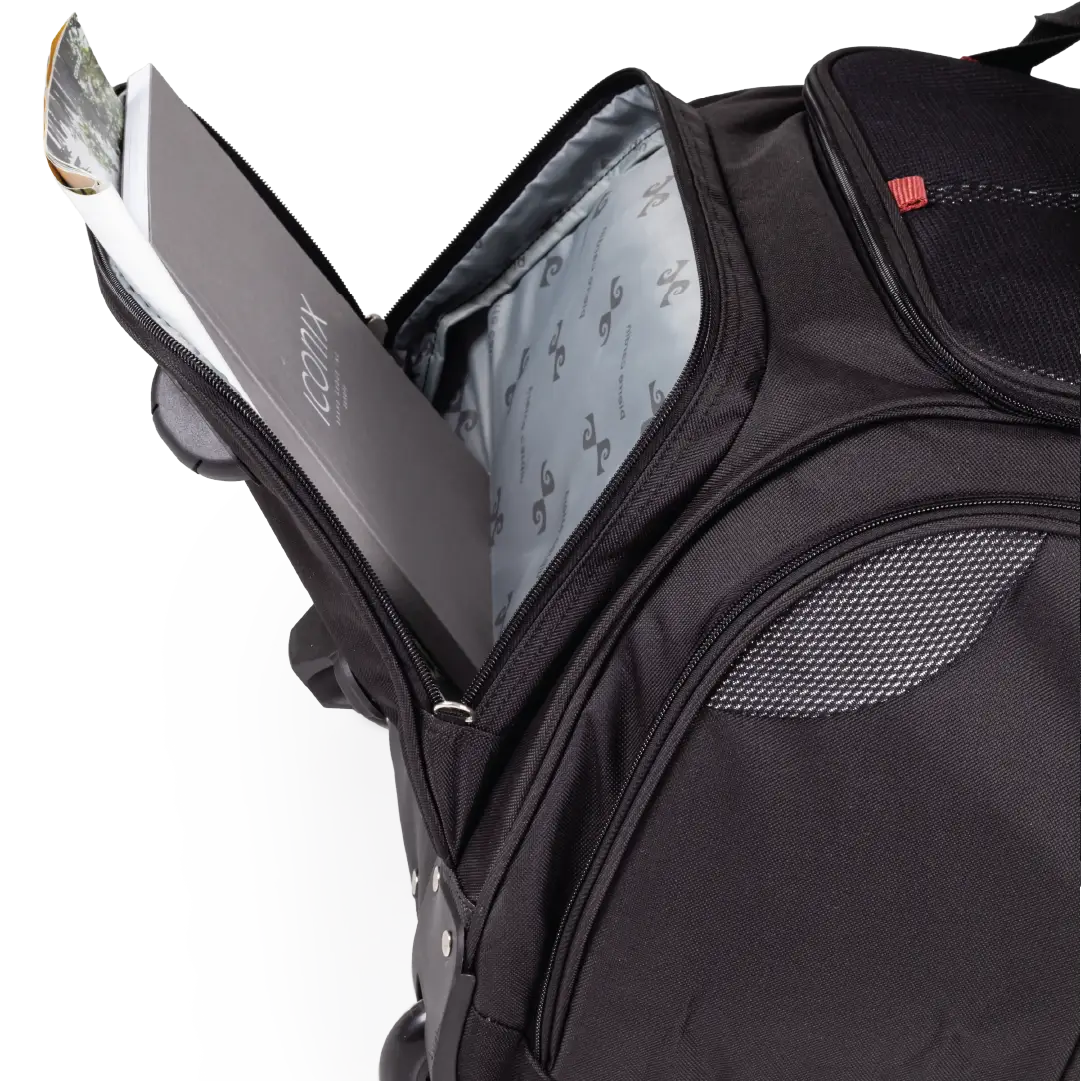 Black backpack with a compartment open, revealing a branded interior lining.