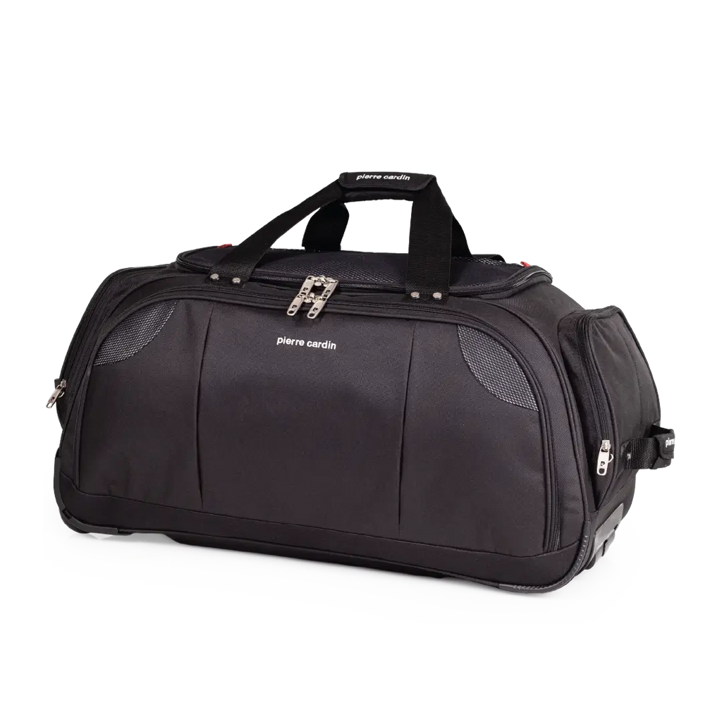 Black travel bag with wheels on a white background
