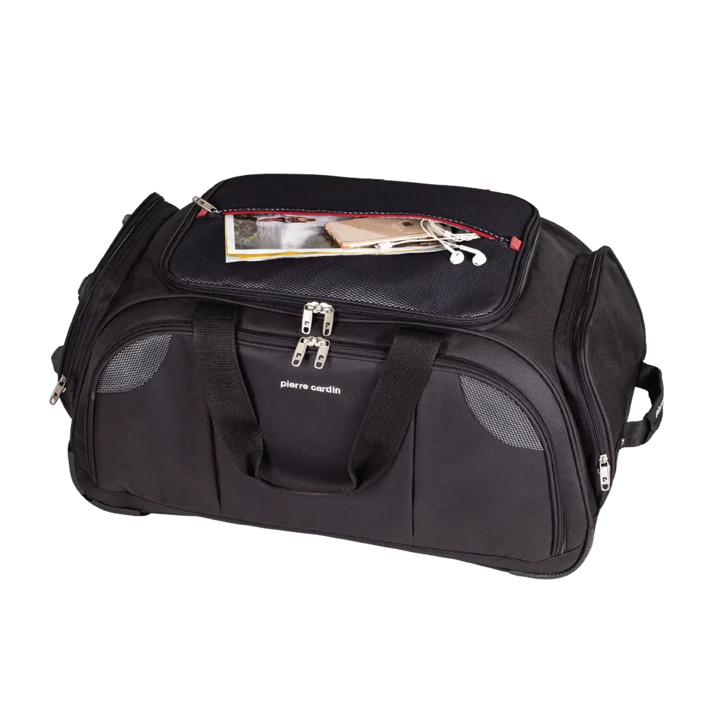 Black duffel bag with visible brand name on a white background