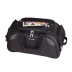Black duffel bag with visible brand name on a white background