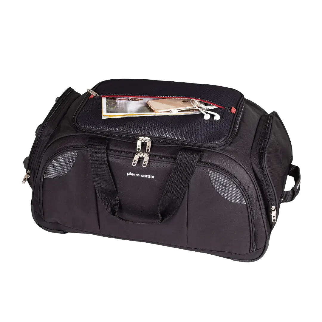 Black duffel bag with visible brand name on a white background