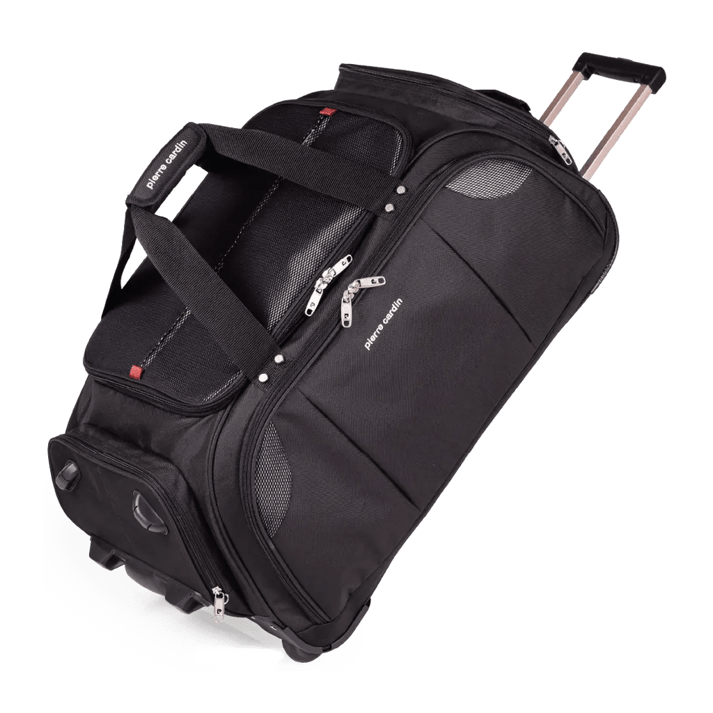 Black rolling suitcase on a white background
