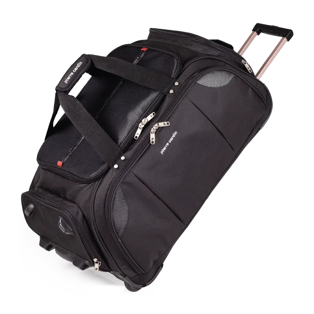 Black rolling suitcase on a white background