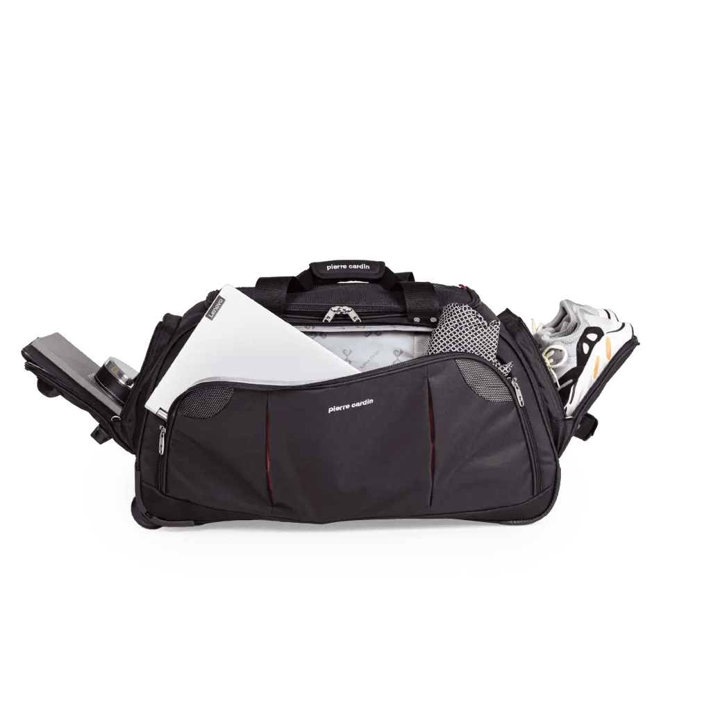 Black sports bag with white and gray contents on a white background