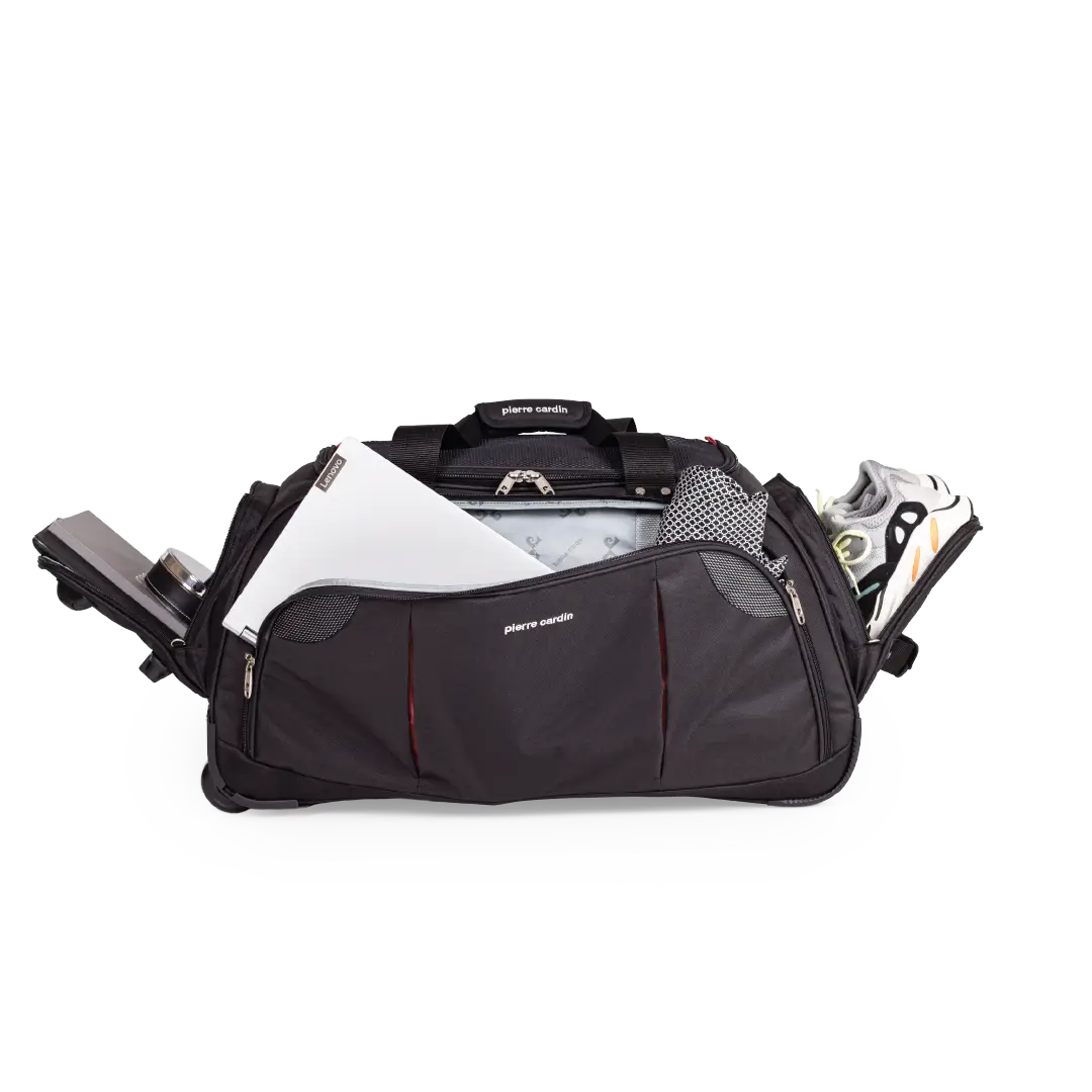 Black sports bag with white and gray contents on a white background