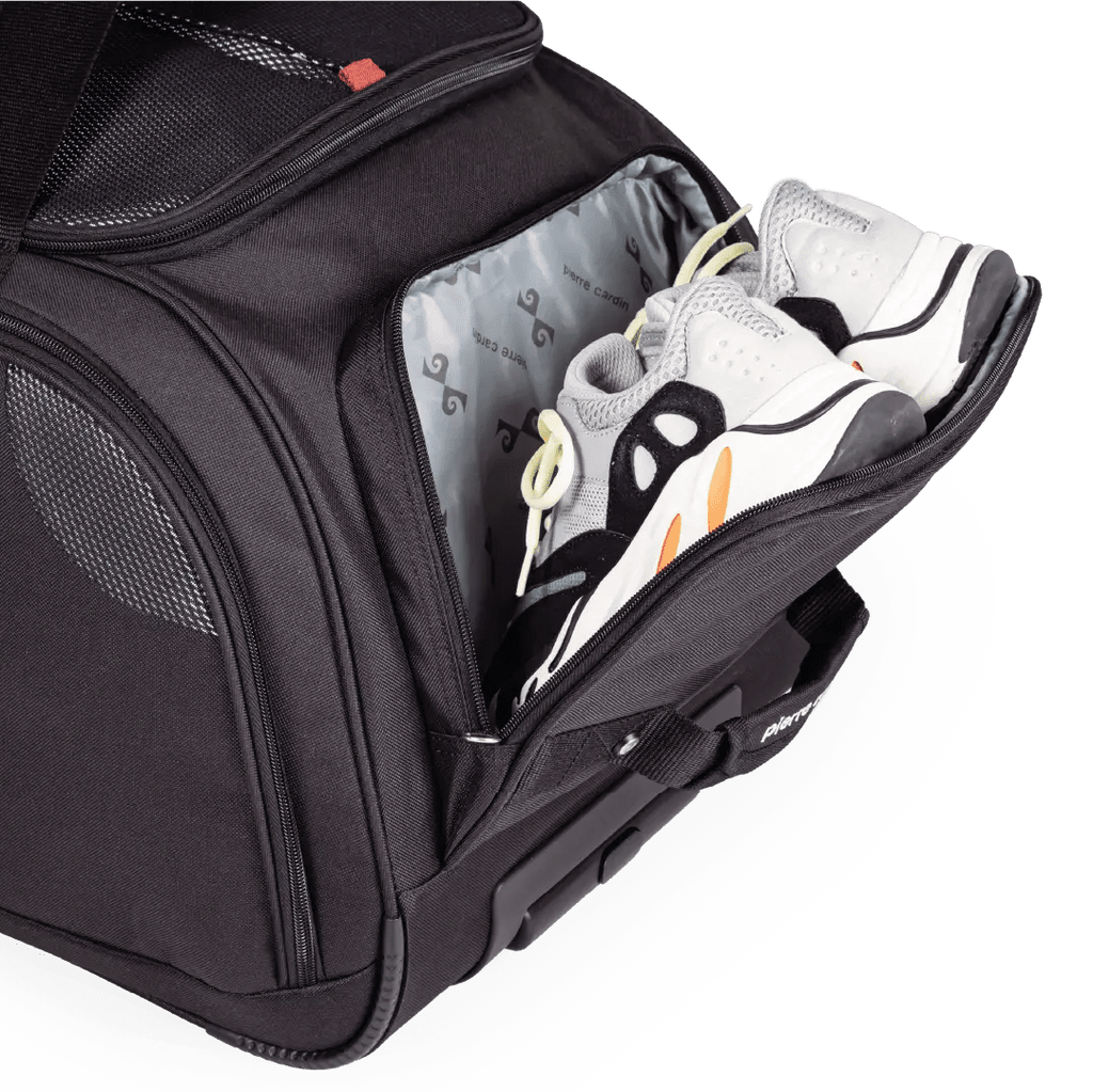 Black backpack with open compartment showing white sneakers inside