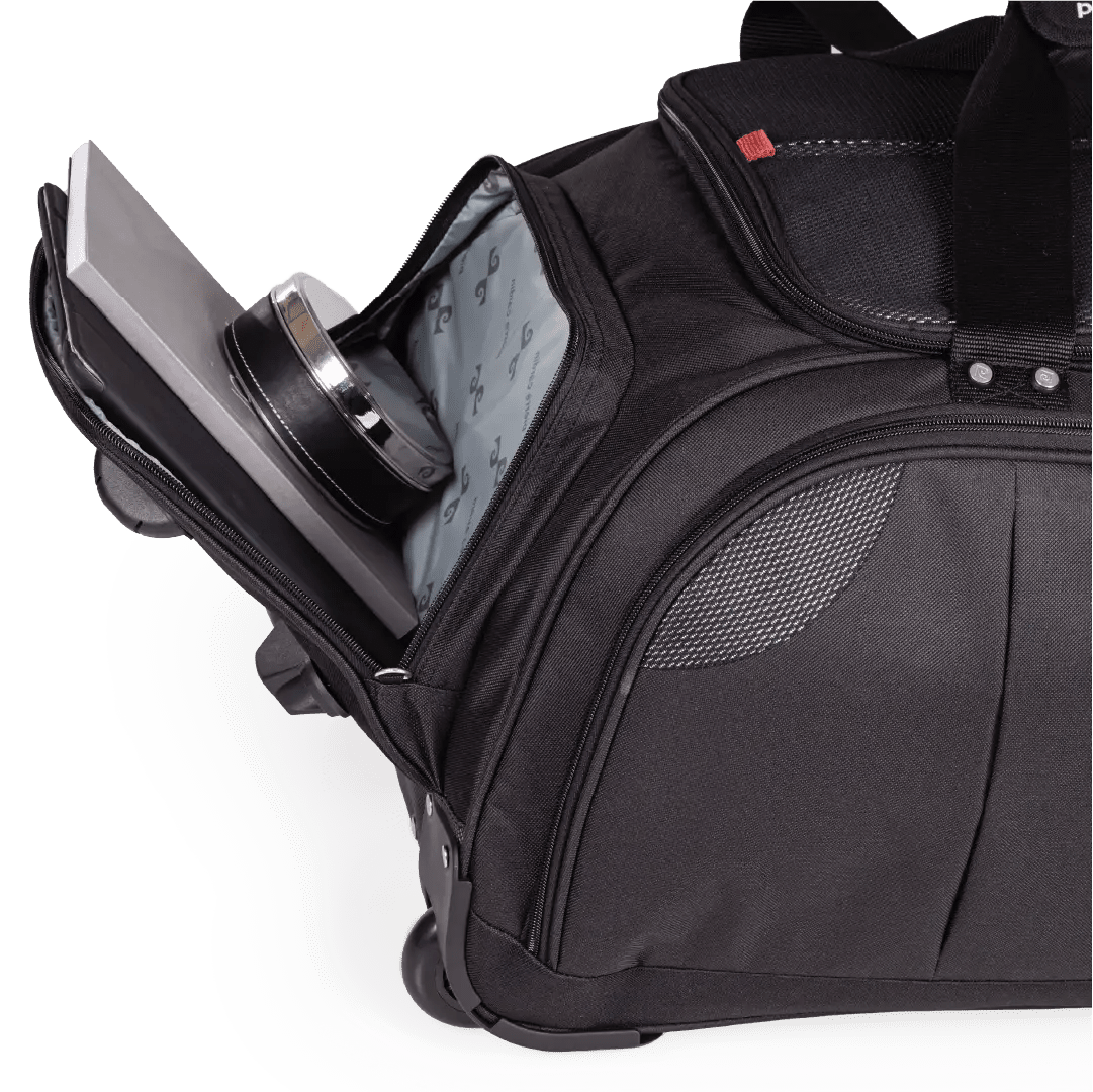 Black backpack with laptop compartment on a white background
