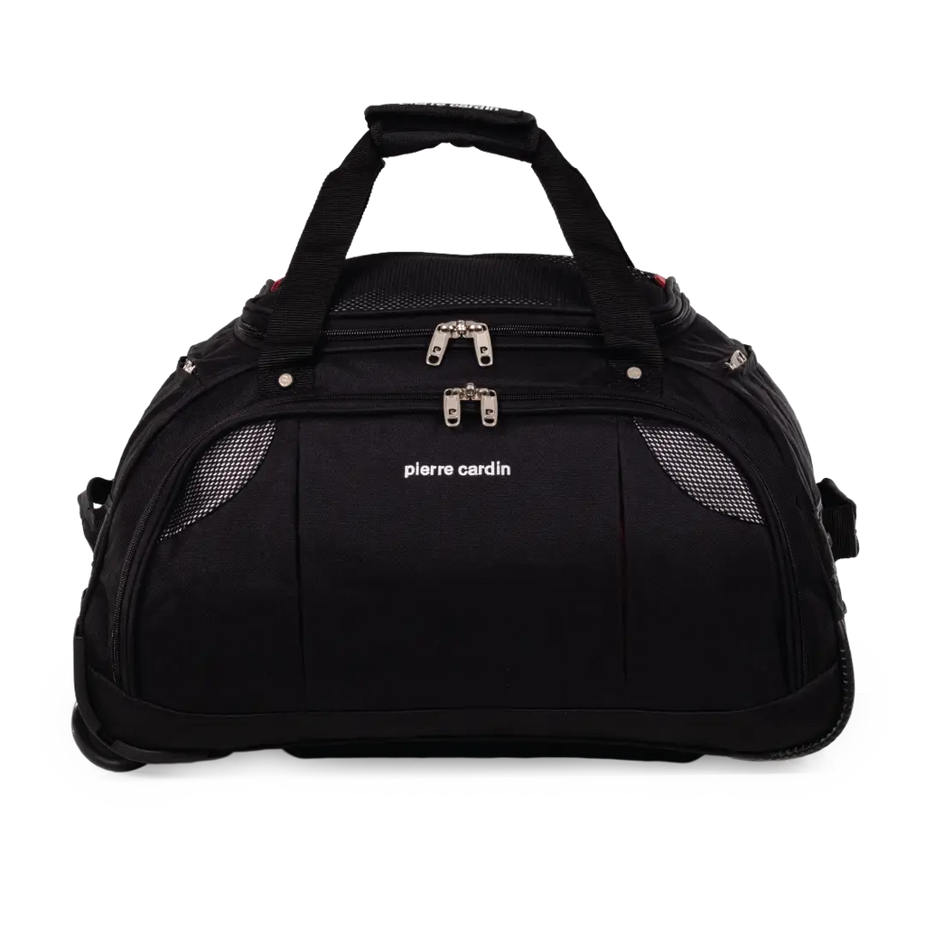 Black duffel bag with 'Pierre Cardin' branding on a white background