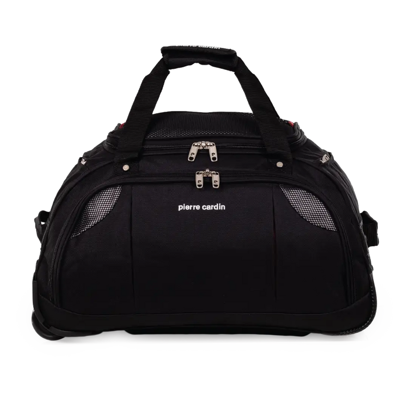 Black duffel bag with 'Pierre Cardin' branding on a white background
