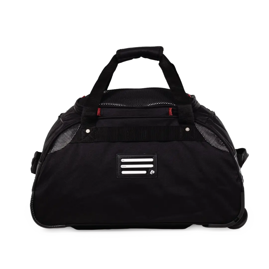 Black duffel bag with a handle on a white background