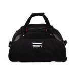 Black duffel bag with a handle on a white background