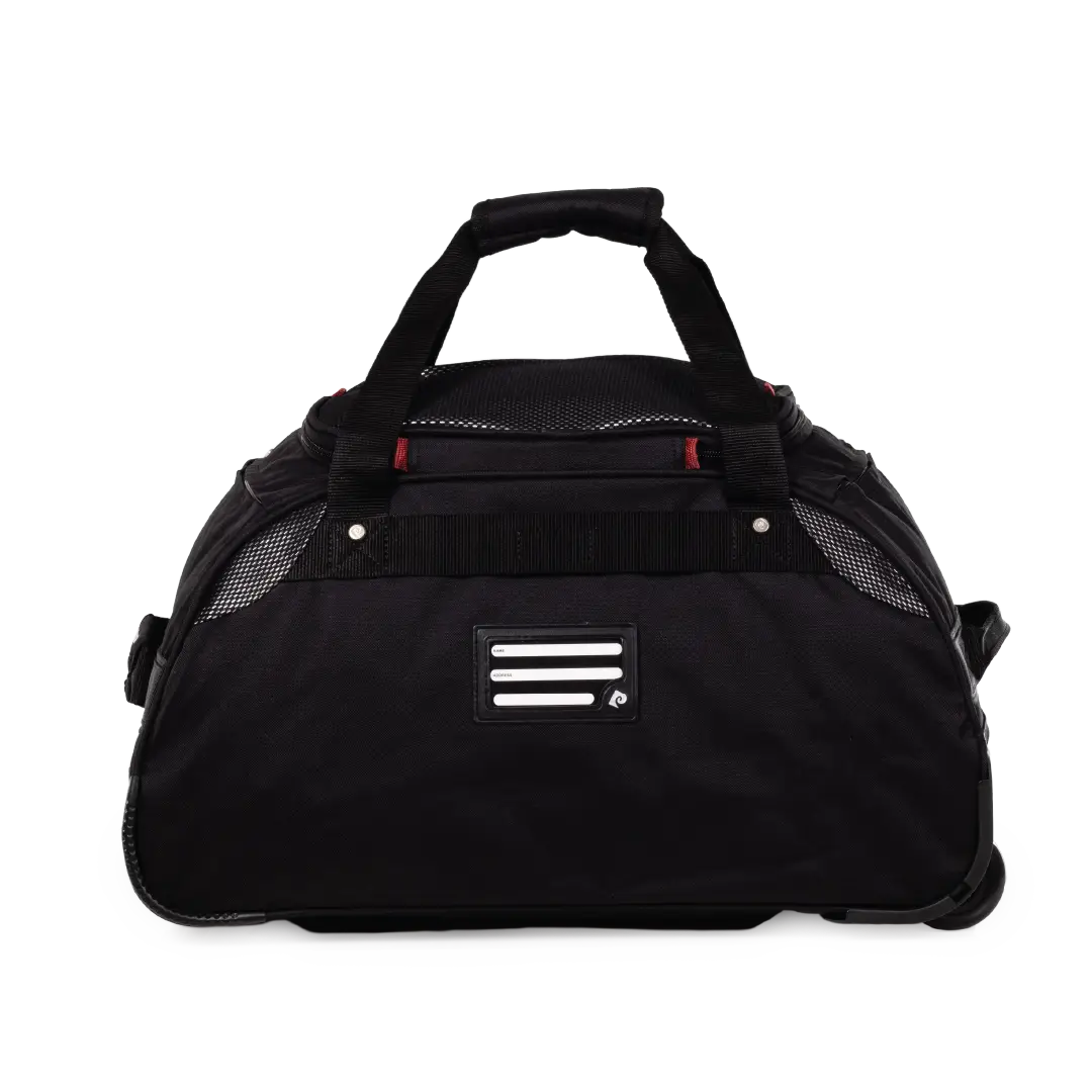 Black duffel bag with a handle on a white background