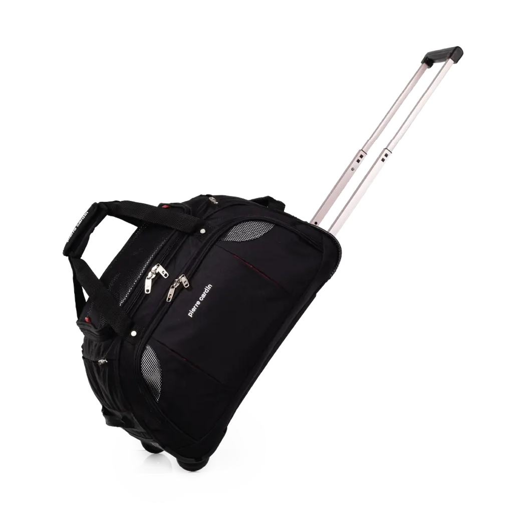 Black rolling suitcase with a handle on a white background