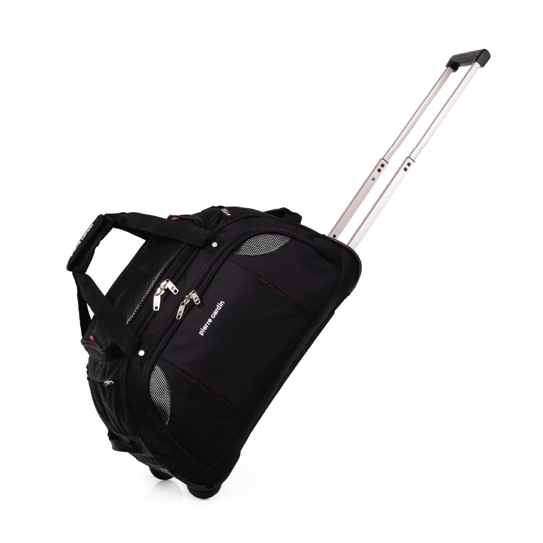 Black rolling suitcase with a handle on a white background