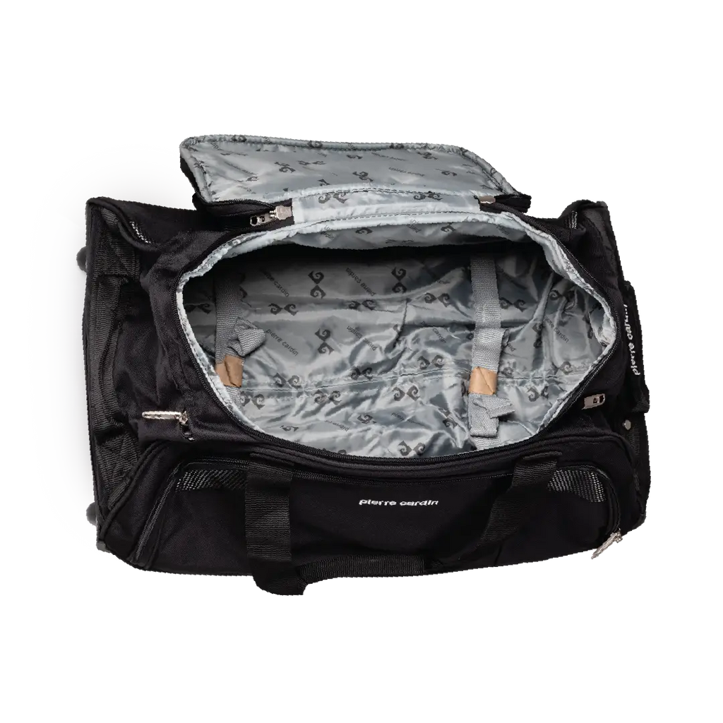 Black duffel bag with open lid showing gray interior on a white background