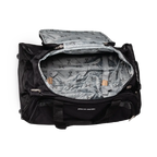 Black duffel bag with open lid showing gray interior on a white background