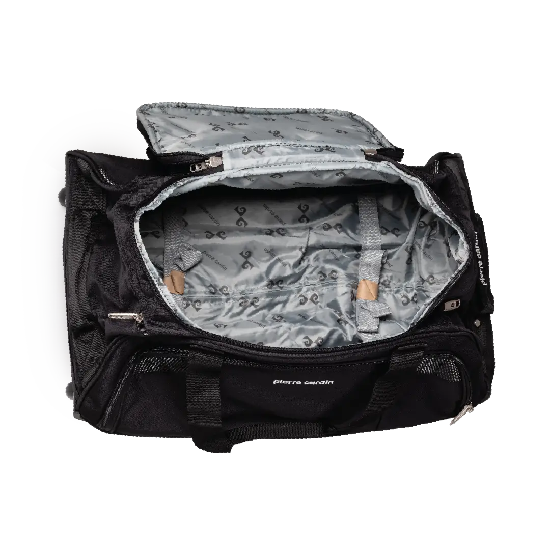 Black duffel bag with open lid showing gray interior on a white background