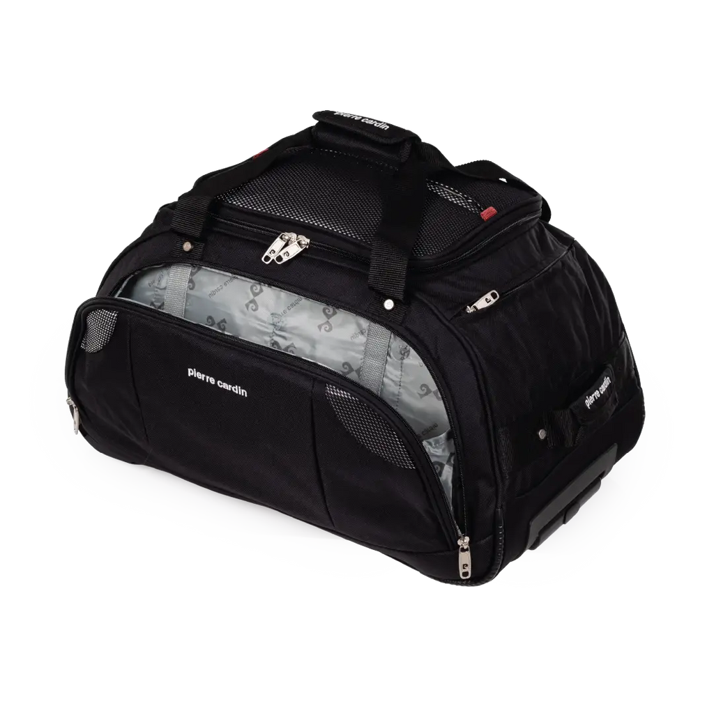 Black travel duffel bag with wheels on a white background