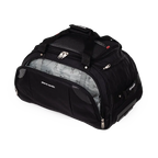 Black travel duffel bag with wheels on a white background