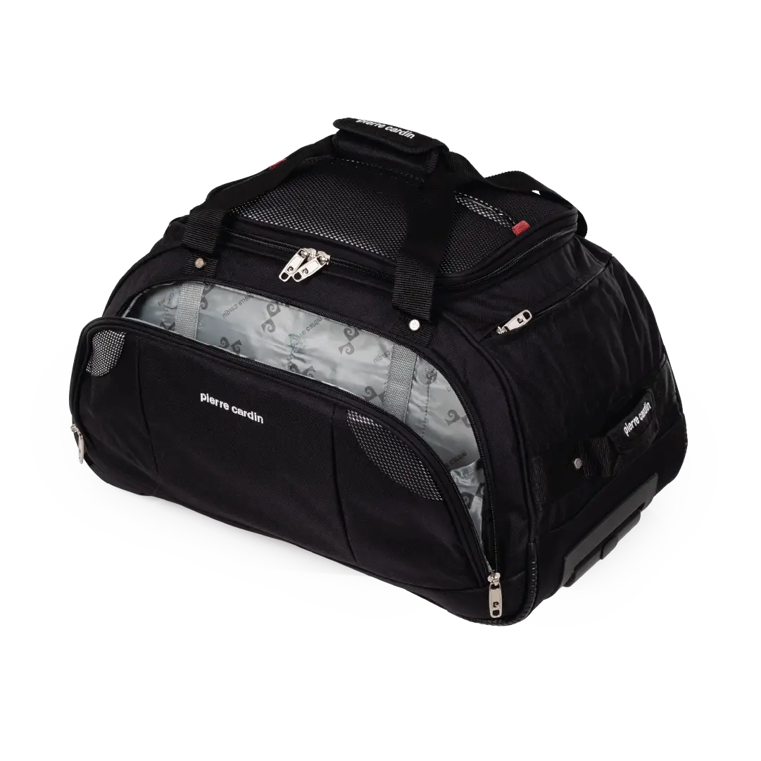 Black travel duffel bag with wheels on a white background