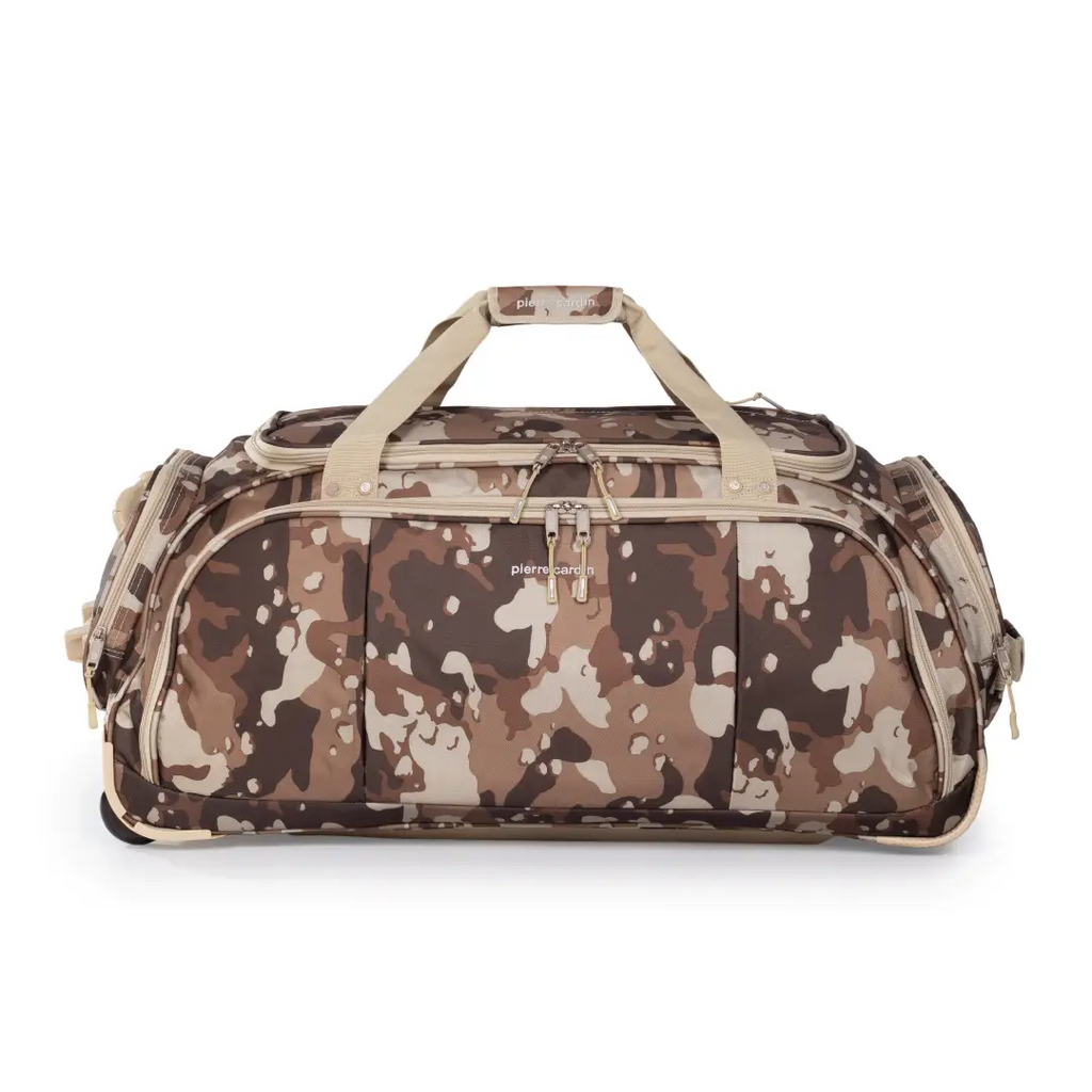 Camouflage-patterned duffel bag on a white background