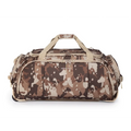 Camouflage-patterned duffel bag on a white background
