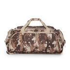 Camouflage-patterned duffel bag on a white background