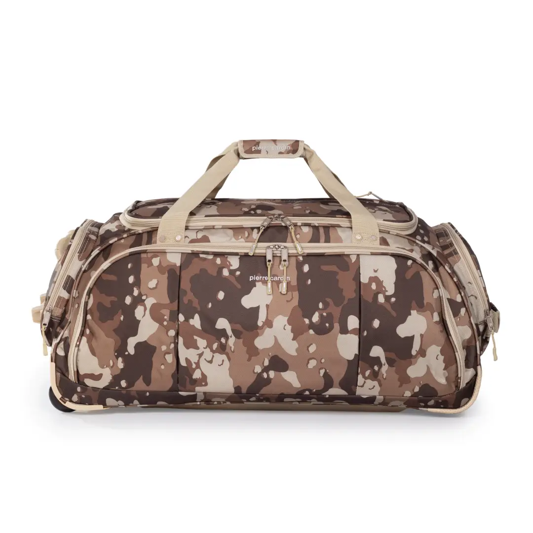 Camouflage-patterned duffel bag on a white background