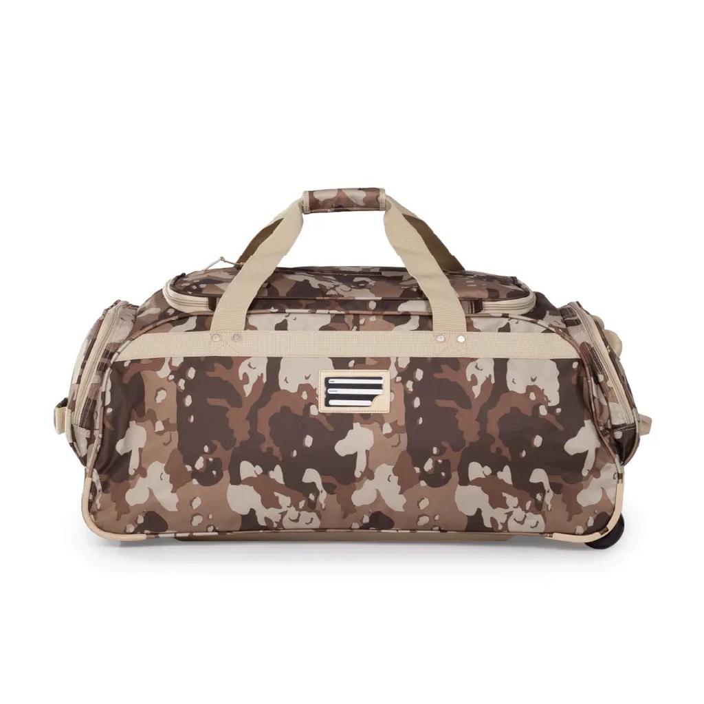 Camouflage-patterned duffel bag with beige accents on a white background