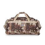 Camouflage-patterned duffel bag with beige accents on a white background