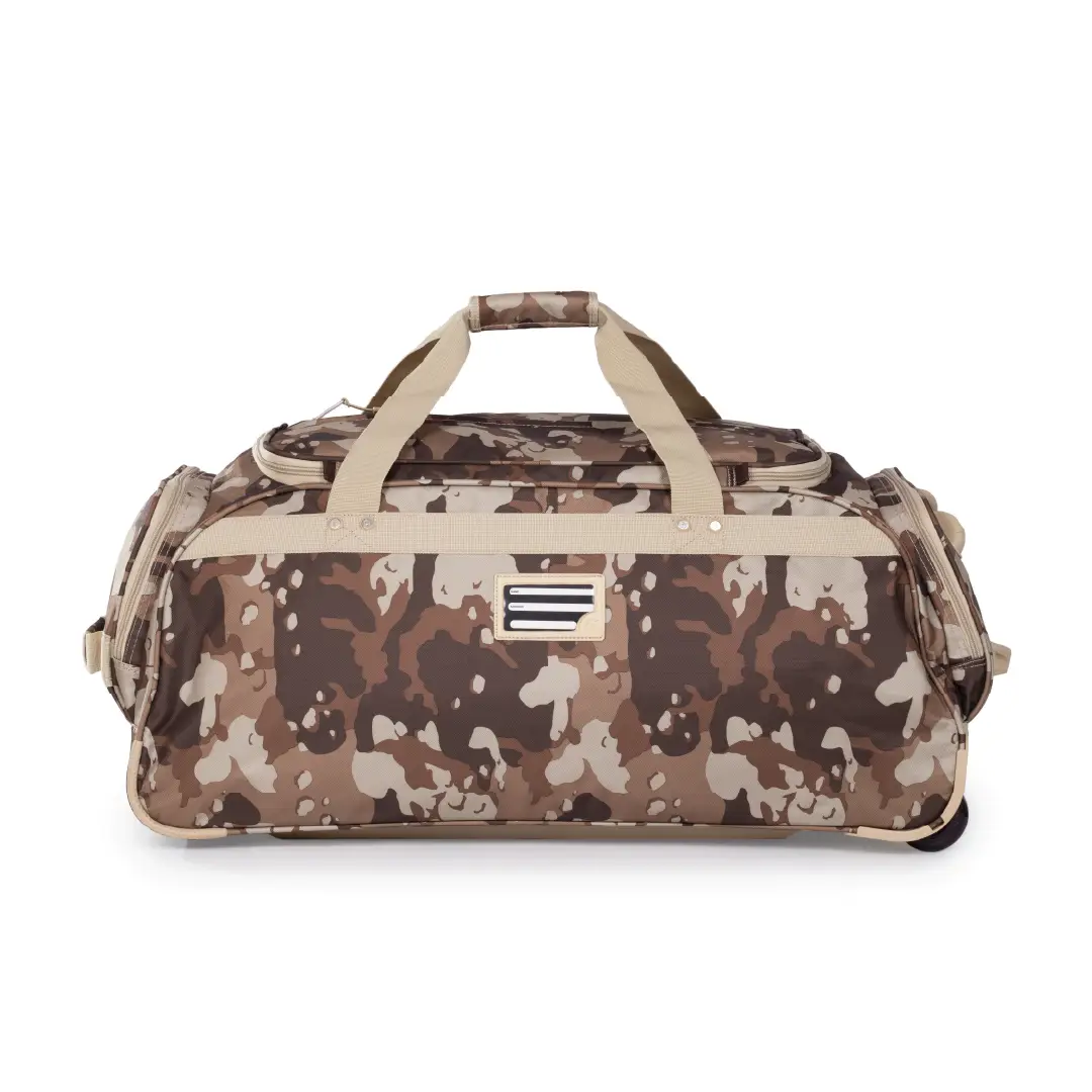 Camouflage-patterned duffel bag with beige accents on a white background