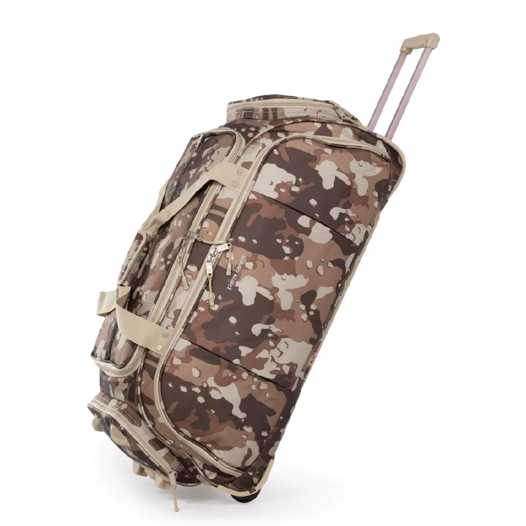 Camouflage-patterned rolling duffel bag on a white background