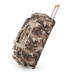 Camouflage-patterned rolling duffel bag on a white background