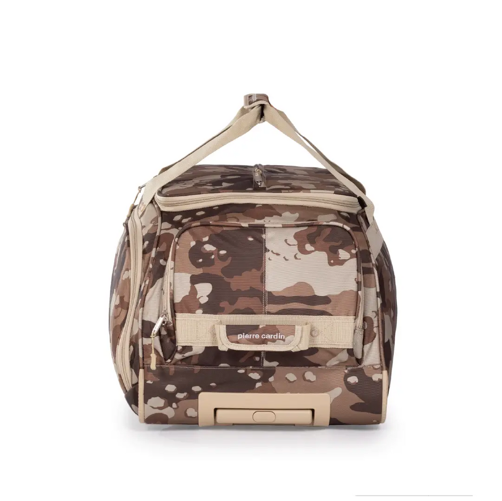 Camouflage-patterned bag with a visible brand logo on a white background