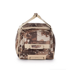 Camouflage-patterned bag with a visible brand logo on a white background