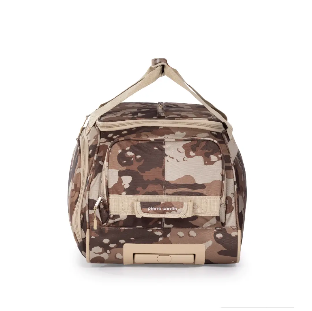 Camouflage-patterned bag with a visible brand logo on a white background