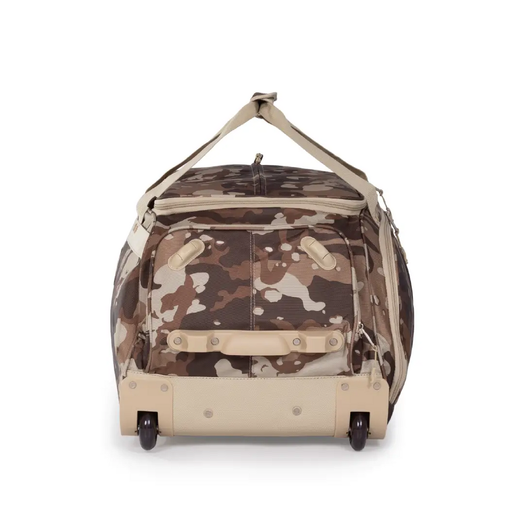 Camouflage-patterned rolling duffel bag on a white background