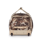 Camouflage-patterned rolling duffel bag on a white background