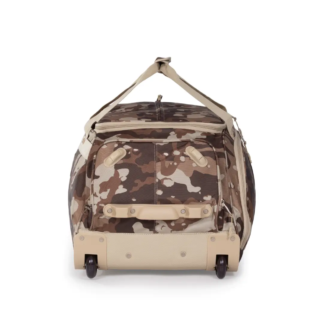Camouflage-patterned rolling duffel bag on a white background